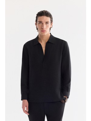 AVVA Erkek Siyah V Yaka Tencel Karışımlı Comfort Fit Uzun Kol Gömlek A61Y2034