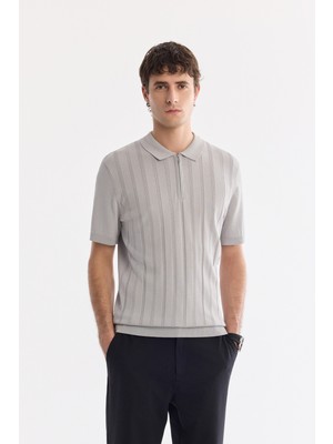 AVVA Erkek Gri Polo Yaka Fermuarlı Rayon Regular Fit Triko T-shirt A61Y5018