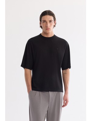 AVVA Erkek Siyah Bisiklet Yaka Rayon Oversize Fit T-Shirt B001050