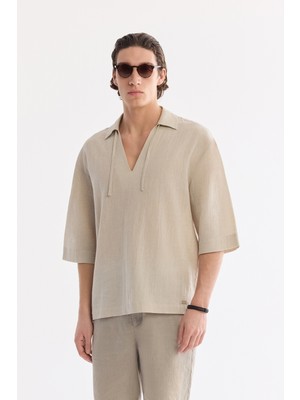 AVVA Erkek Taş V Yaka Pamuk Keten Karışımlı Comfort Fit Kısa Kollu Gömlek A61Y2127