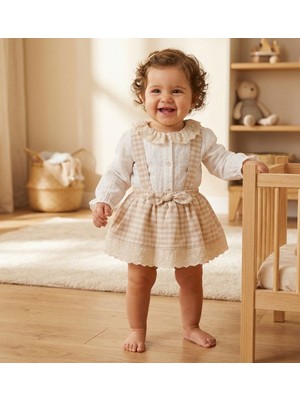 Bebeva Baby Kız Bebek %100 Pamuklu Fisto Dantel Detaylı Pötikare Desenli Askılı Jile Elbise ve Bluz Takımı - Somon