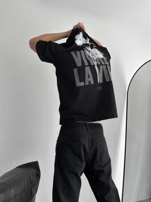 ModaSize Baskılı Oversize Bisiklet Yaka T-Shirt - Siyah