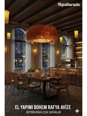AYGHOME - Doğal Rafya Avize - El Yapımı Bohem Sarkıt Lamba - Kafe, Salon ve Balkon Için Rustik Aydınlatma