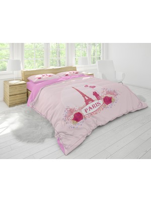 Sarel Pembe Paris Motifli 3D Çift Kişilik Nevresim Takımı