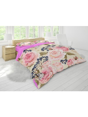 Sarel Beyaz Gül Baskılı 3D Çift Kişilik Nevresim Takımı