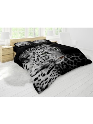 Sarel Beyaz Leopar Baskılı 3D Çift Kişilik Nevresim Takımı