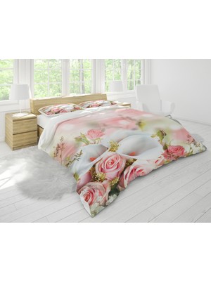 Sarel Pembe Gül Baskılı 3D Çift Kişilik Nevresim Takımı