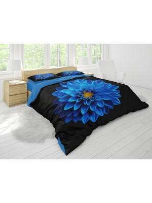 Sarel Mavi Renk Çiçek Baskılı 3D Çift Kişilik Nevresim Takımı