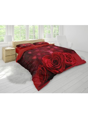 Sarel Romantik Kırmızı Gül Motifli 3D Çift Kişilik Nevresim Takımı