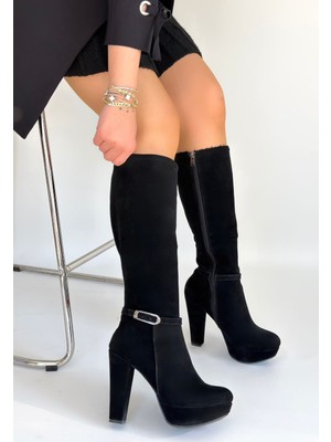 Tekja Siyah Süet Topuklu Çizme