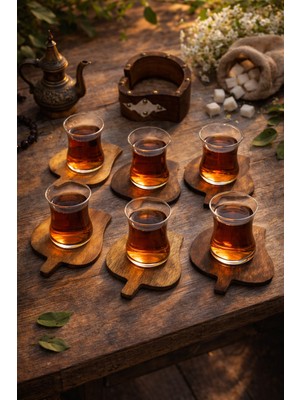 Seymen Bıçakçılık Ahşap Çay Bardağı Altlığı Seti – 6 Adet Çay Altlığı + 1 Adet Ahşap Saklama Kabı