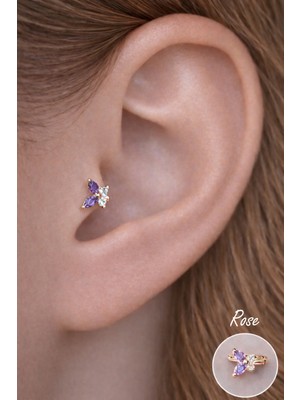 Sacce Scarves & Accessories Minik Mor Kanatlı Kelebek Piercing | Rose Renk Zirkon Taşlı