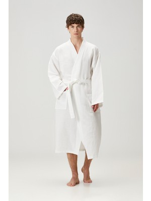 Barine Serenity Yıkanmış Keten Unisex Kimono Beyaz