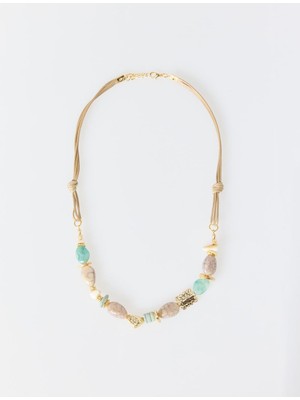 Jimmy Key Bej Doğal Taş Detaylı Ipli Ayarlanabilir Kolye