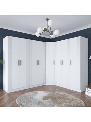 Rani BA184 Köşe Membran Kapaklı Gardırop 8 Kapaklı 2 Çekmeceli 18 Raflı 4 Askılı Modüler Dolap Beyaz