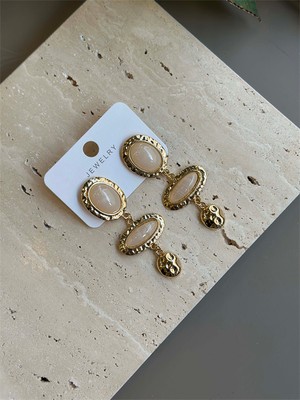 Beta Moda Hub Taşlı Küpe - Krem