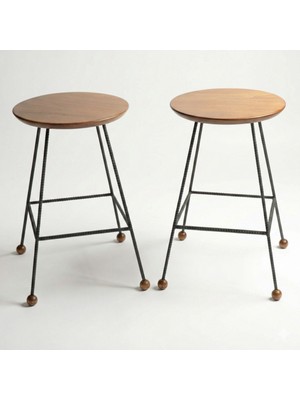 Wood Stone Art Ahşap Oturaklı Metal Ayaklı Tabure Seti 47 cm – Modern Endüstriyel Tasarım