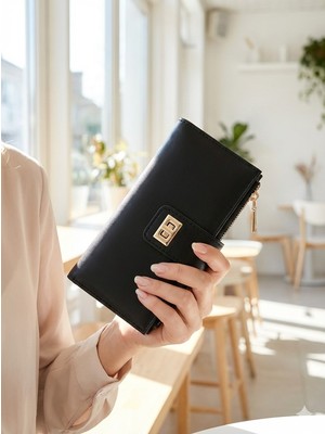 Newish Polo El Askılı Klipsi Fermuarlı Soft Suni Deri Kadın Portföy Cüzdan-Büyük Boy