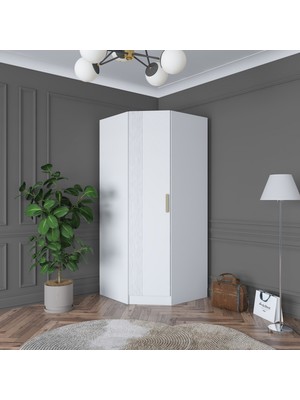 Rani BA183 Membran Kapaklı Köşe Gardırop 6 Raflı Askılı Elbise Dolabı Tamamlayıcı Köşe Ünitesi Beyaz