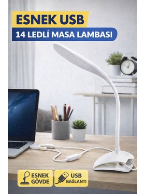 Ecuy Mandallı Kablolu Masa Lambası USB Kablolu Akrobatik Gövdeli 14 LED Okuma Çalışma Masa Lambası