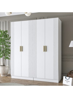 Rani BA186 Membran Kapaklı Gardırop 5 Raflı 2 Askılı 4 Kapaklı Elbise Dolabı Beyaz