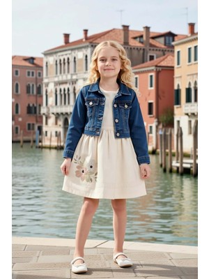 Riccotarz Kız Çocuk Üzeri Çiçek Nakış Detaylı Jeans Ceketli Krem Elbise