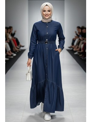 Kadın Düğmeli Kuşaklı Denim Elbise Trend Kloş Silüet ile Şık Lacivert Renk Tasarım