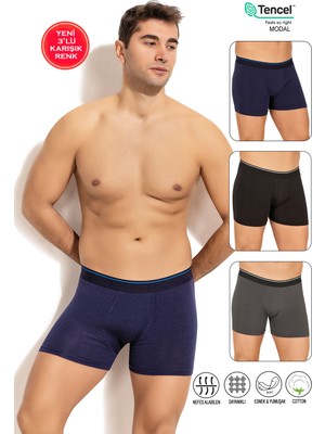 Özkan Underwear Özkan 11256 3'lü Paket Erkek Karışık Renk Premium Kumaş Modal Pamuklu Esnek Yumuşak Boxer Şort