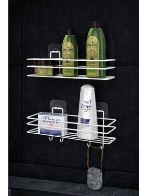 TncPatiShop Yapışkanlı 4 Adet Kancalı Banyo Mutfak Rafı 2 Adet Banyo Duş Duvar Düzenleyici Organizer Raf Beyaz