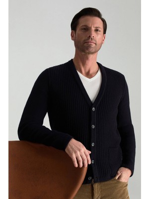 Hemington Merino Yünü Şerit Desenli Lacivert Triko Hırka