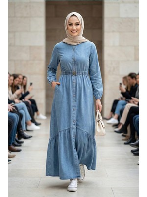 Kadın Düğmeli Kuşaklı Koyu Mavi Kot Elbise