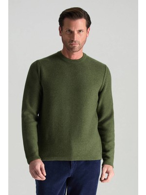 Hemington Lambswool Yünü Şerit Detaylı Bisiklet Yaka Yeşil Triko Kazak