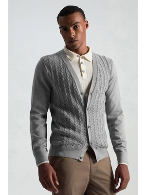 Hemington Merino Yün Ipek Karışım Örgü Desenli Açık Gri Hırka