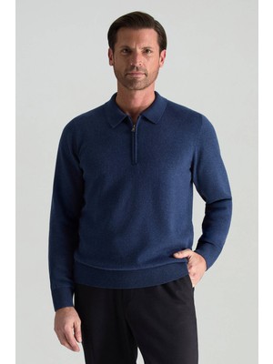 Hemington Lambswool Yünü Polo Yaka Yarım Fermuarlı Mavi Triko Kazak
