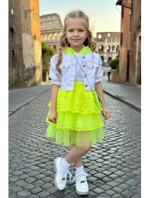 Riccotarz Kız Çocuk Kapüşonu Dantel Detaylı T-Shirt Kot Ceketli Dantelli Neon Sarı Etekli Takım