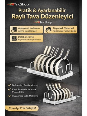 TncPatiShop Yapışkanlı Raylı Tabak Tencere Tava Düzenleyici Tezgah Üstü Ayarlanabilir Mutfak Organizeri Beyaz