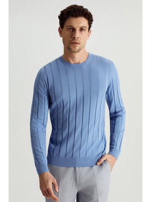 Hemington Extrafine Merino Yün-Pamuk Karışım Desenli Mavi Triko