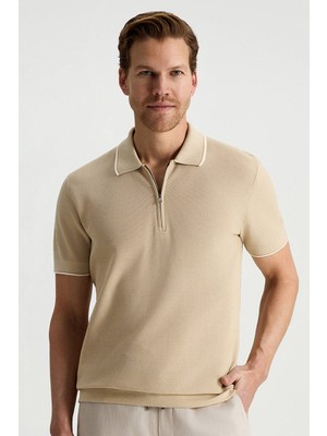 Hemington Merserize Pamuk Fermuar Yaka Bej Triko Polo