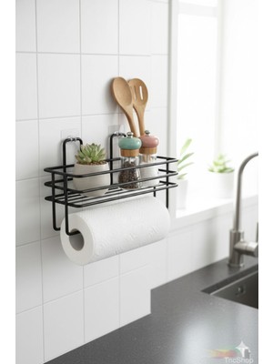 TncPatiShop Yapışkanlı Raflı Kağıt Rulo Havluluk Peçetelik Siyah Banyo Mutfak Düzenleyici Raf