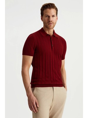 Hemington Extrafine Merino Yün-Pamuk Karışım Üç Düğme Bordo Triko Polo