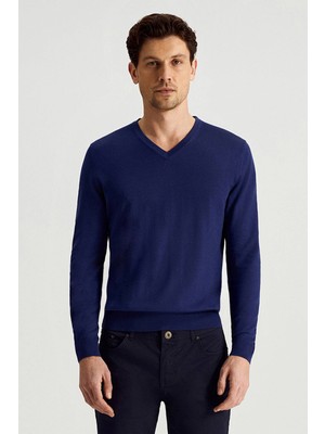 Hemington Ultrafine Merino Yünü V Yaka Mavi Triko