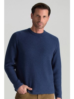 Hemington Lambswool Yünü Şerit Detaylı Bisiklet Yaka Mavi Triko Kazak