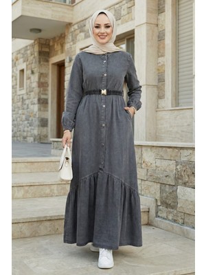 Kadın Düğmeli Kuşaklı Koyu Gri Kot Elbise