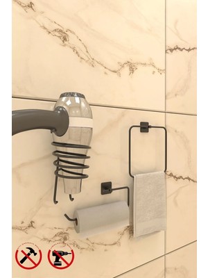 TncPatiShop Yapışkanlı Kare 3'lü Banyo Aksesuar Seti Kare Havlu Askısı - Fön Askısı ve Solo Havluluk