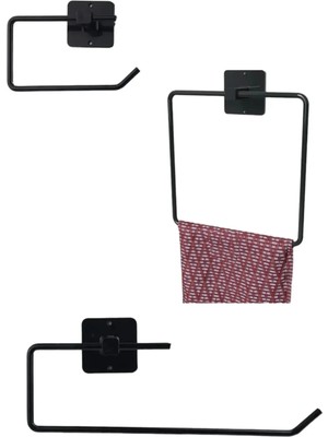 TncPatiShop 3'lü Set : Kare Yapışkanlı Siyah Metal Set Kare Havluluk + Kağıt Rulo Havluluk + Tuvalet Kağıtlığı