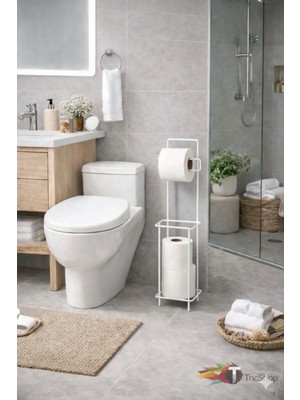 TncPatiShop Kare Beyaz Standlı Yedekli Çok Amaçlı Metal Tuvalet Wc Kağıtlığı Yedek Rulo Bölmeli - Beyaz Kare