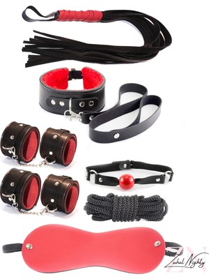 Fantezi Siyah Kirmizi Kelepçe Kirbaç Set Takim Aksesuar