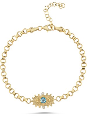 Sembol Gold Vintage Bileklik Mavi Taşlı Hilal Motifli 4 Mm-18-21 cm