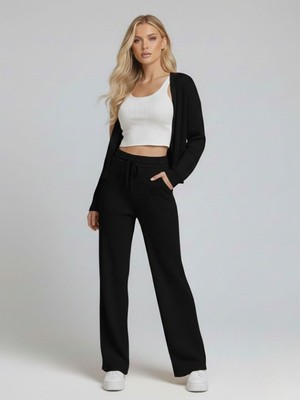 Trendseninle Kadın Siyah Fitilli Örme Yelek Pantolon Takım