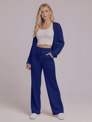 Trendseninle Kadın Lacivert Fitilli Örme Yelek Pantolon Takım